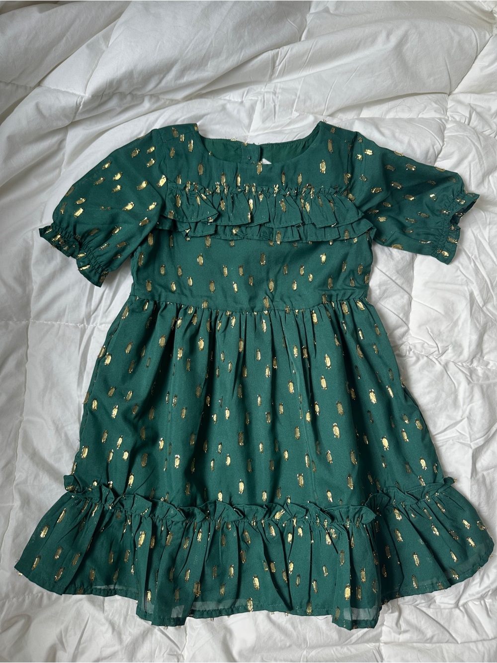 Janie and Jack Girls' Emerald Green Ruffle Dress with Gold Foil Accents